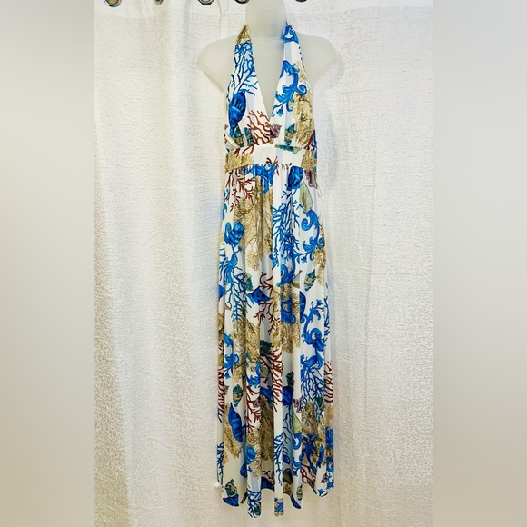 Boston Proper Maxi Halter Dress M Long Flowy Beach Ocean Reef Seashells Coral - Picture 3 of 11